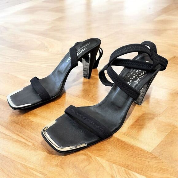 Donald J Pilner Couture Black Textured Square Strappy Sandal Heels 7.5 - Picture 1 of 9